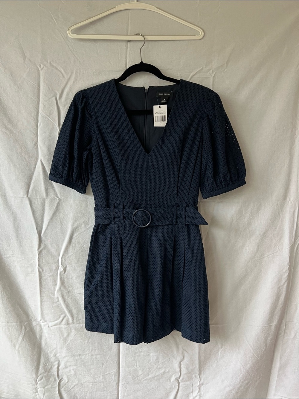 Club Monaco Navy V-Neck Textured Belted Mini Dress